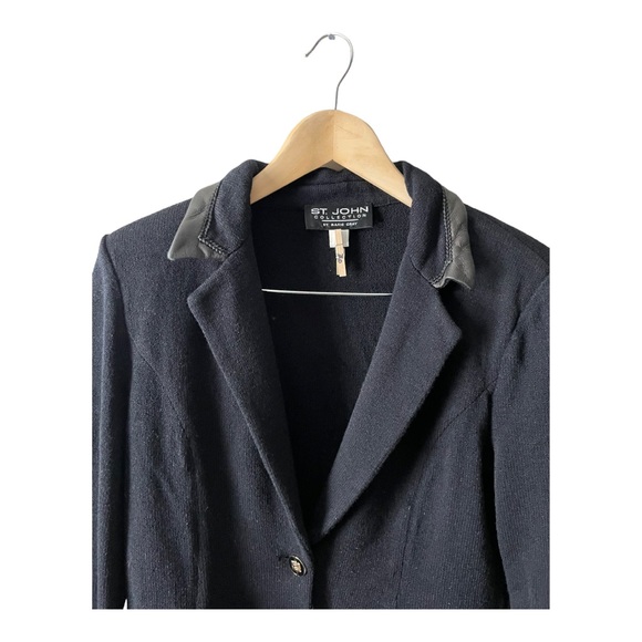 ST. JOHN Collection Knit Black Blazer Leather Trim Size 10 - Picture 3 of 17